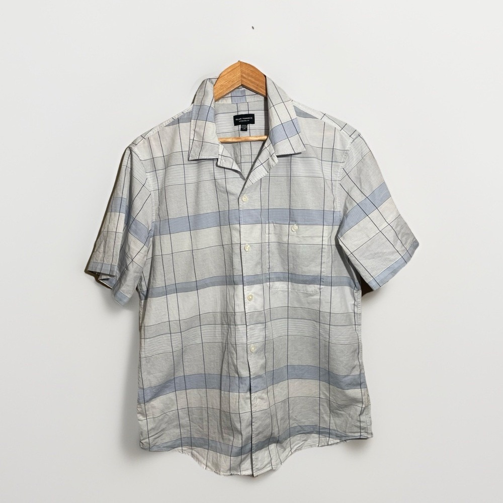 Club Monaco Shirt Men's Large Standard Fit Short Sleeve Buttons Plaid Blue